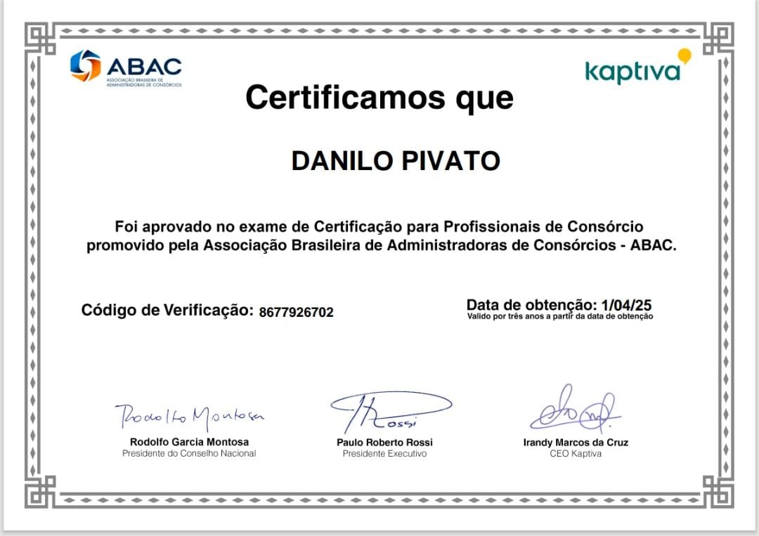 Certificado da ABAC – Danilo Pivato, consultor autorizado em consórcios.