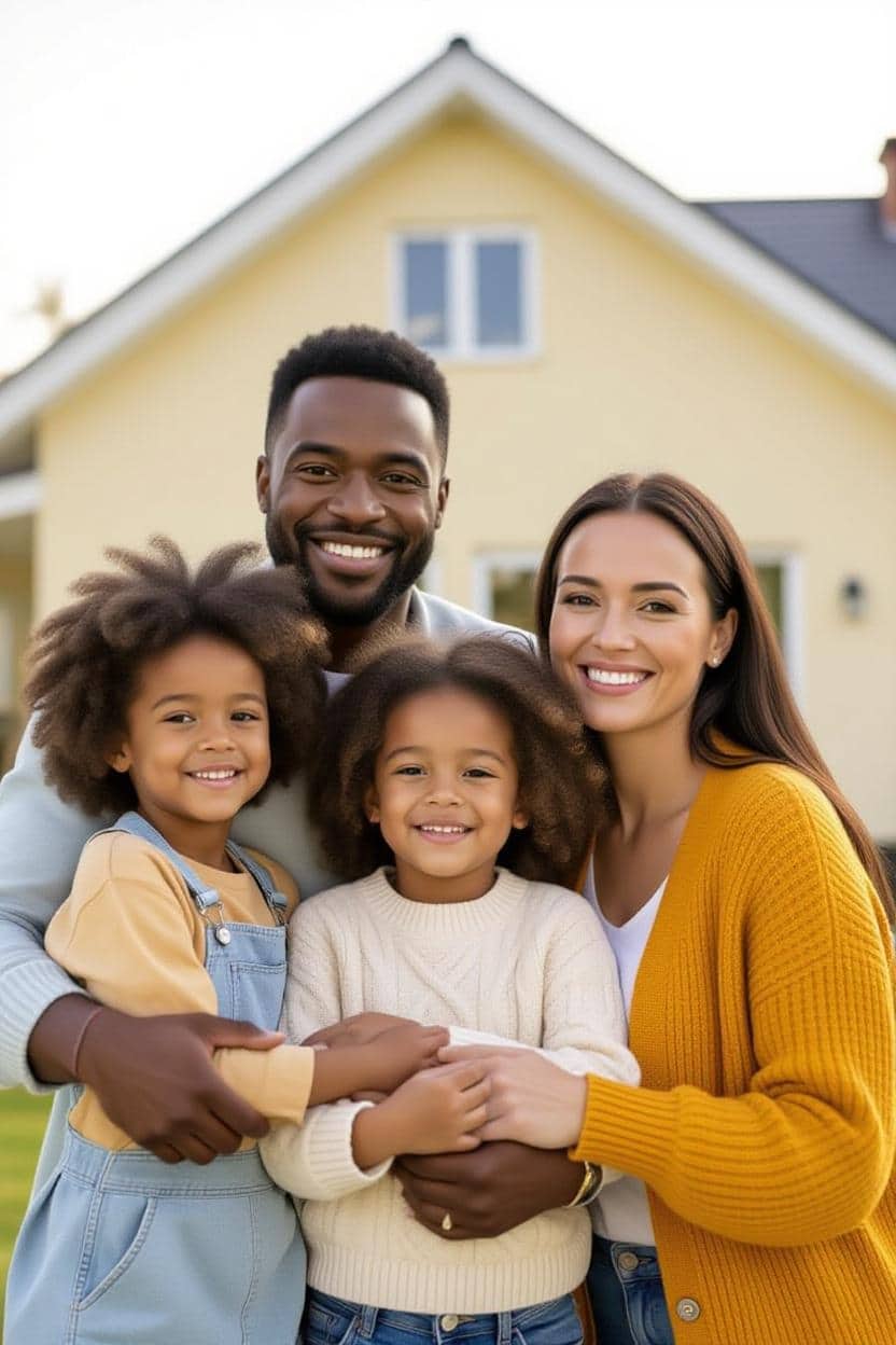 “Família feliz conquistando a casa própria através do consórcio de imóveis”.